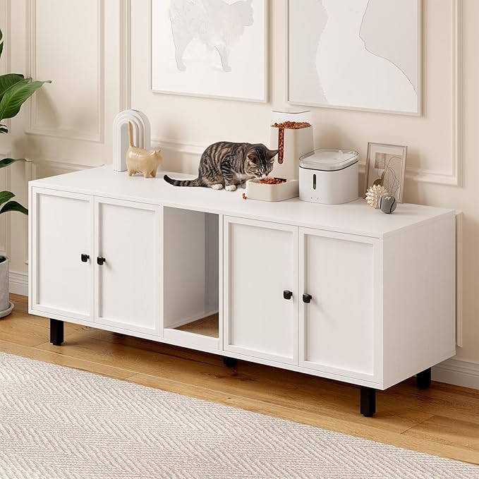 ONBRILL 63 Inches Cat Litter Box Enclosure for 2 Cats, Hidden Litter Boxes Furniture with Cat Scratch Pad, Large Indoor Pet House with Double Room, Wooden TV Stand Side Table, Off White