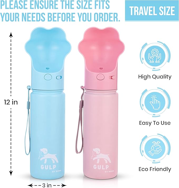 Gulp by Duna 18oz Dog Travel Water Bottle with Paw-Shaped Bowl – Insulated Stainless Steel, Leakproof & Portable with Carry Strap – Outdoor Walking, Hiking & Pet Hydration On-The-Go – Blue