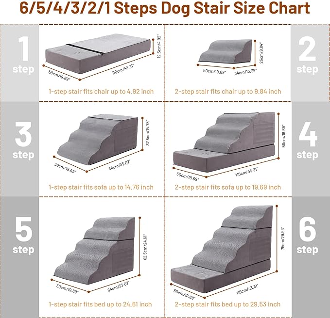 6-Step Dog Stairs – Non-Slip Pet Ramp for Bed, Couch & Car, Wide Steps for Puppies & Senior Dogs, Sturdy Grey 43.3"x19.7"