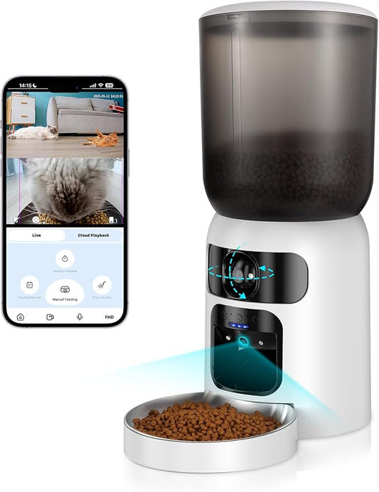 6L AI Automatic Cat Feeder with Dual Camera, 1080P HD Night Vision & Dual Power Supply, Easy Setup Timed Food Dispenser with Desiccant Bag for Cats & Dogs (White)
