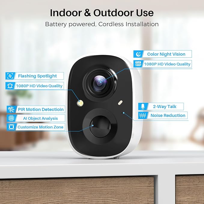 Security Cameras Wireless Outdoor, Outside Cameras for Home Security with AI Motion Detection, Recharge Battery Powered, 2K Color Night Vision, IP66 Weatherproof, 2-Way Talk, SD/Cloud Storage