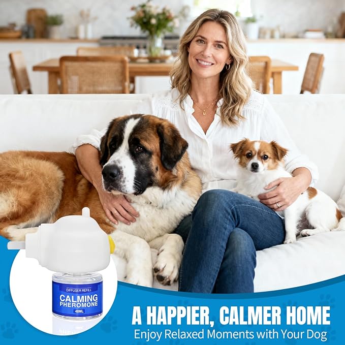 Dog Calming Diffuser with Pheromones for Anxiety Relief, Reduces Barking & Stress, Natural Formula, Safe for Puppies & Adult Dogs, 60 Day Long Lasting 1 Diffuser 2 Refill
