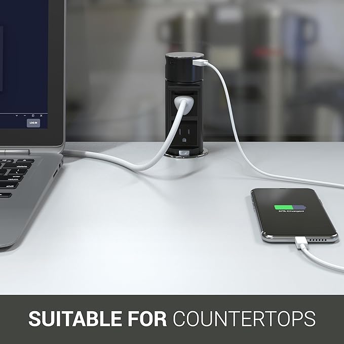 Link2Home Pop Up Outlet with 2 AC Power Outlets, 2 USB A/C Ports, 2.4A Fast Charge, Splash Resistant, Stainless Steel Retractable Socket for Kitchen Counter or Desk