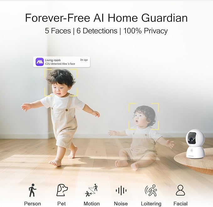 5G Security Camera Indoor 2-Pack, No-Monthly-Fee AI Tracking Facial Recognition, 3K Pet/Dog Camera with Speaker/Phone App, PTZ WiFi Baby Monitor Cameras for Home Security, 0-Glow Night Vision