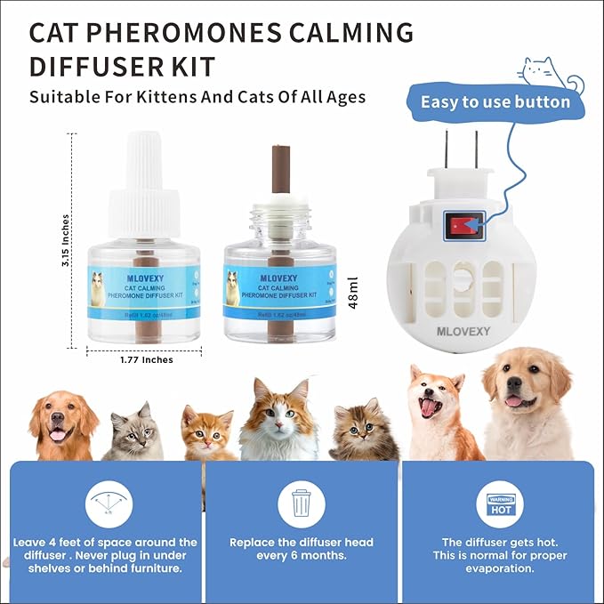 Cat Calming Diffuser for Cat Anxiety Relief, Cat Pheromones Calming Diffuser to Reduce Cat Scratching and Spraying, Multicat Calming Diffuser (2 Refills 1 Diffuser, 60 Days)