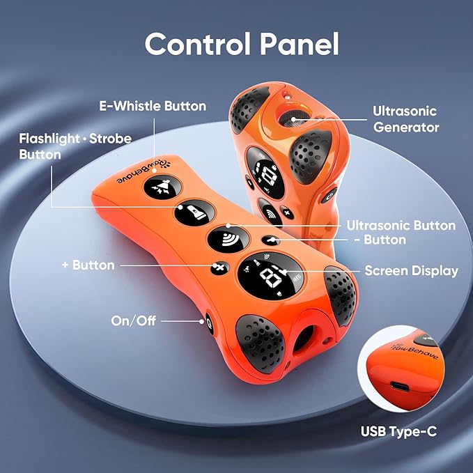 Adjustable Ultrasonic Dog Trainer β World's First Variable Frequency Pet Behavior Corrector with 10 Level Ultra Sound, 18 Dog Whistles, Anti-Bark Flashlight, Humane Dog Deterrent (Orange)