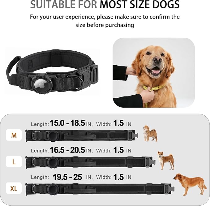 Upgraded Airtag Dog Collar Waterproof, Adjustable GPS Training Nylon Dog Collar with AirTag Holder, Control Handle and Quick-Release Buckle for Medium and Large Dogs (Black, L)