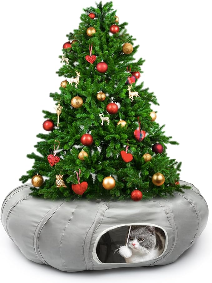 AUOON Cat Play Tunnel - Christmas Tree Cat Tunnel, Round Cat Tunnel with Bed | Interactive Cat Toys for Indoor Cats Kitten Kitty Puppy Rabbit Ferret (Light Grey)