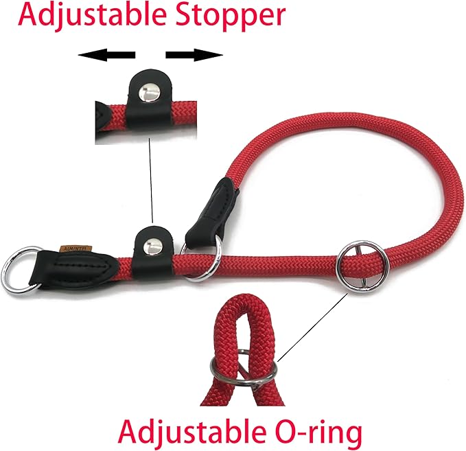Braided Round Martingale Dog Collar, Training Collar with Slidable Stop Ring and Adjustable Stopper - Ideal for Medium Dogs (M(1/3") - 18" Long, Red)