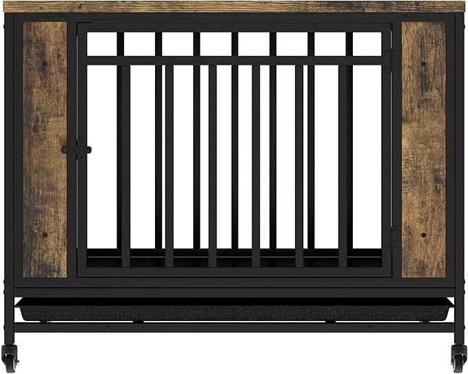 39 Inch Heavy Duty Dog Crate Furniture, Indestructible Wooden Dog Cage Kennel with Lockable Wheels and Removable Tray, Indoor Escape Proof Dogs House for Small Medium Dogs for Living Room Bedroom