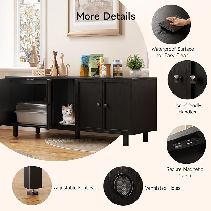ONBRILL 59 Inches Cat Litter Box Enclosure for 2 Cats, Hidden Litter Boxes Furniture with Cat Scratch Pad, Large Indoor Pet House with Double Room, Wooden TV Stand Side Table, Black
