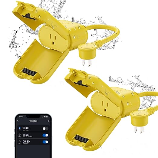 ELEGRP PQR10 Outdoor Smart Plug Waterproof IP66, WiFi Plug Compatible with Alexa & Google Assistant, Smart Outdoor Outlet for String Lights, No Hub Required, 400W Max, UL Certified, 2 Pack, Yellow