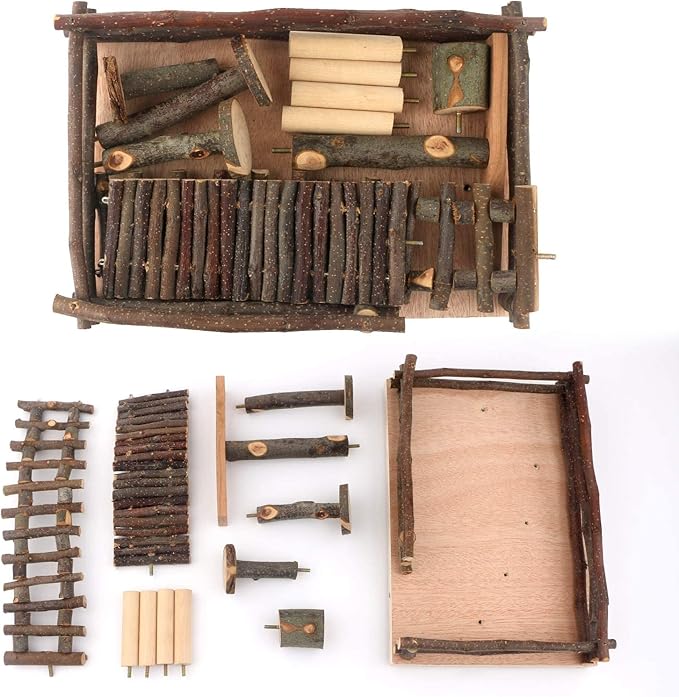 HOSUKKO Hamster Climbing Toys - Wooden Activity Set with Large Bridge, Apple Wood Chewing Toys for Small Pets