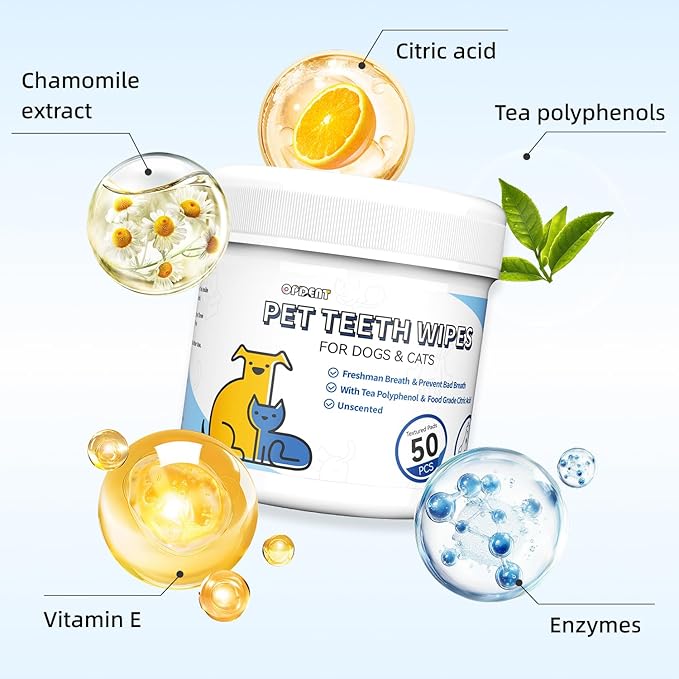 No-Rinse Dog Teeth Cleaning Wipes - Cat & Dog Fresh Breath Pet Dental Finger Wipes, Dog Toothbrush Dental Wipes to Easy Remove Plaque & Tartar, Gently Cleans Discharge (XL-50PCS, Honey)