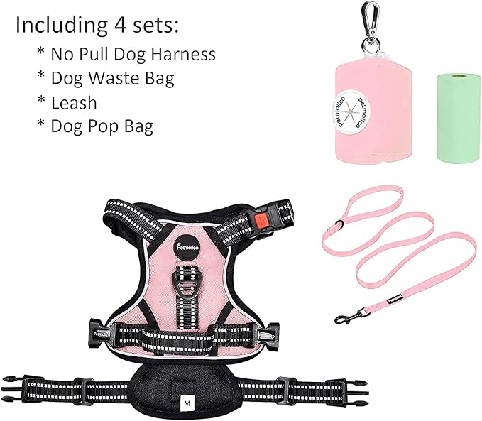 Petmolico No Pull Dog Harness Set with Leash Attachment Easy Control Handle Reflective Harness Vest Small Breed, Puppy Vest and Leash Set with Poop Bag Holder, Medium - Light Pink