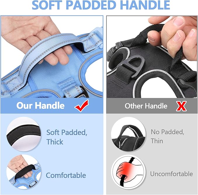 PoyPet No Pull Dog Harness, No Choke Reflective Dog Vest, Adjustable Pet Harnesses with Easy Control Padded Handle for Small Medium Large Dogs(Light Blue Matching Trim,L)
