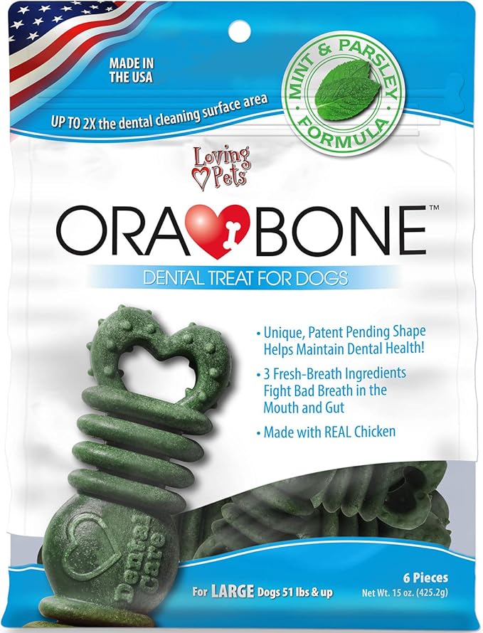 Loving Pets Ora-Bone™ Dental Chews for Dogs – USA Made Dog Dental Sticks with Parsley & Mint – Patented Shape to Reduce Plaque, Tartar, Massage Gums & Freshen Breath (Large 15 oz.)
