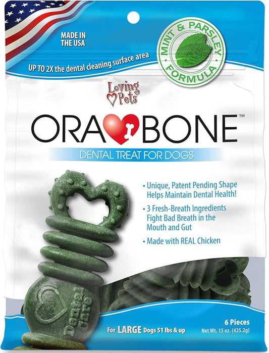 Loving Pets Ora-Bone™ Dental Chews for Dogs – USA Made Dog Dental Sticks with Parsley & Mint – Patented Shape to Reduce Plaque, Tartar, Massage Gums & Freshen Breath (Large 15 oz.)