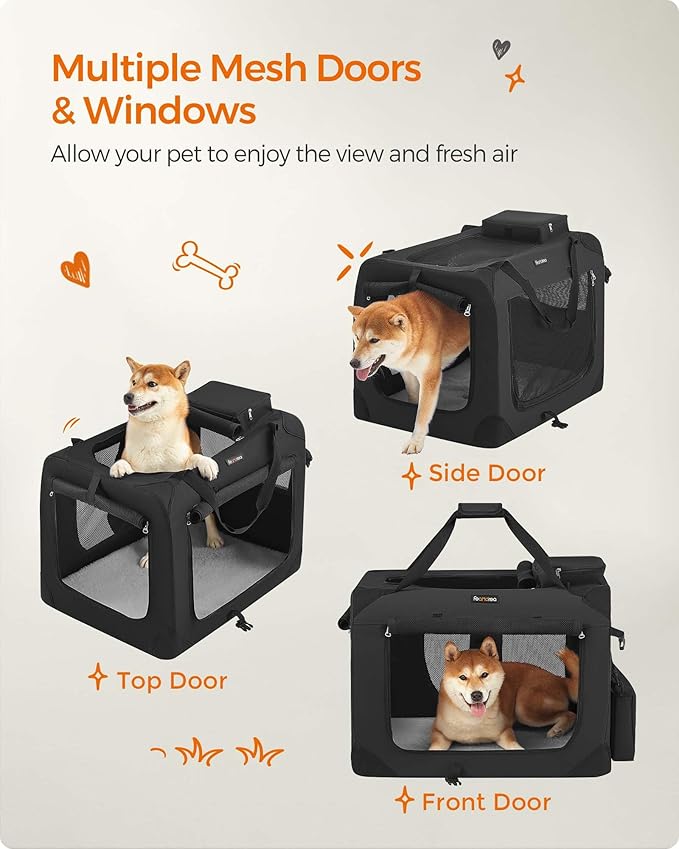 Feandrea 28 Inches Collapsible Soft Dog Crate, Portable Travel Dog Crate for Indoor and Outdoor Use, Dog Carrier Kennel with Safety Zippers, for Living Room, Car, Travelling, Black UPDC70H