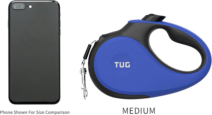 TUG 360° Tangle-Free Retractable Dog Leash with Anti-Slip Handle | 16 ft Strong Nylon Tape | One-Handed Brake, Pause, Lock (Medium, Blue)