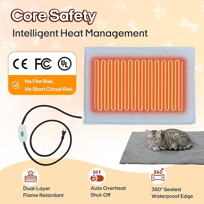Dog Heating Pad (31"x20") - Waterproof Electric Heated Mat & Pet Bed for Indoor and Outdoor Use, Chew Resistant Cord, Machine Washable Cover with Wheat Pattern Quilting, for Cats and Pets
