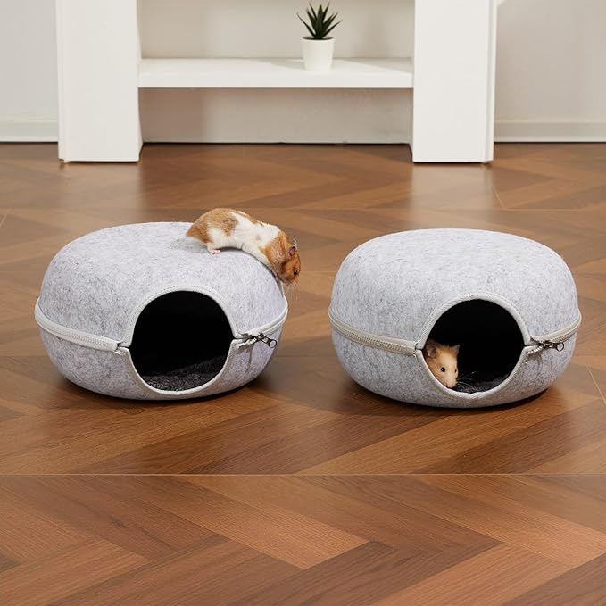Guinea Pig Hideout 2 Pack, Double Function Guinea Pig Bed with 3 Soft Cushions, Small Animal Cage Accessories for Guinea Pigs, Hamsters, Hedgehogs, and Ferrets (Light Grey & Light Grey)