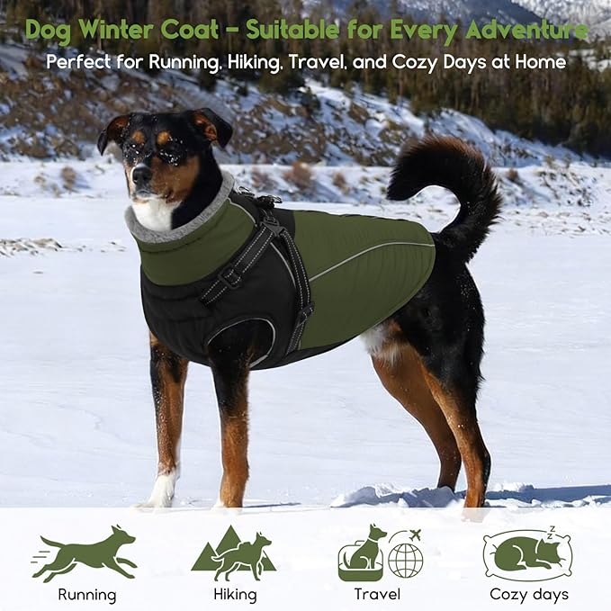 ASENKU Reflective Dog Coat with Built-in Harness, Windproof Fleece-Lined Dog Jacket for Small, Medium, Large Dogs, Warm Winter Vest with Turtleneck & Zipper (Green 3XL)