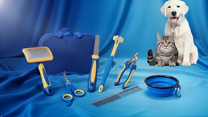Professional 8-Piece Pet Grooming Kit for Dogs & Cats – Deshedding Brush, Nail Clippers, Scissors, Comb, Grooming,Beauty File,Collapsible Dog Bowls,pet Toothbrush,Glove & Travel Case