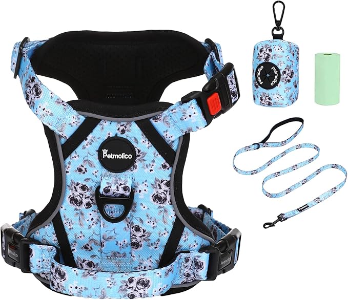 Petmolico No Pull Dog Harness Set with Leash Attachment Easy Control Handle Reflective Harness Vest Small Breed, Puppy Vest and Leash Set with Poop Bag Holder, Small - White Rose