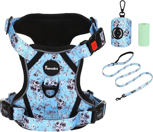 Petmolico No Pull Dog Harness Set with Leash Attachment Easy Control Handle Reflective Harness Vest Small Breed, Puppy Vest and Leash Set with Poop Bag Holder, Small - White Rose