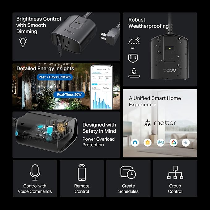 Tapo Outdoor Smart Dimmer Plug for Outdoor Lights, Matter, App Control, IP65 Weather Resistant, Works with Siri, Alexa, Google, ETL Certified, Energy Monitoring,150WLED/CFL, 2.4GHZ WiFi Only, P430M