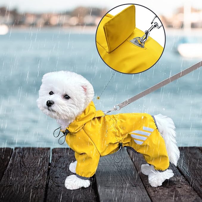 Dog Raincoat, Waterproof Dog Rain Jacket with Hood, Rain Coat with Leash Hole, Reflective Strap for Small Medium Dogs, Lightweight Puppy Clothes(Yellow,L)