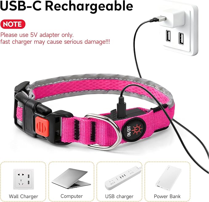 LED Dog Collar, Light Up Dog Collar USB Rechargeable, Nylon Adjustable Comfortable Soft Bright RGB 7 Colors Changeing Safety Light Glowing Collar for Medium and Large Dogs(Medium,Pink)