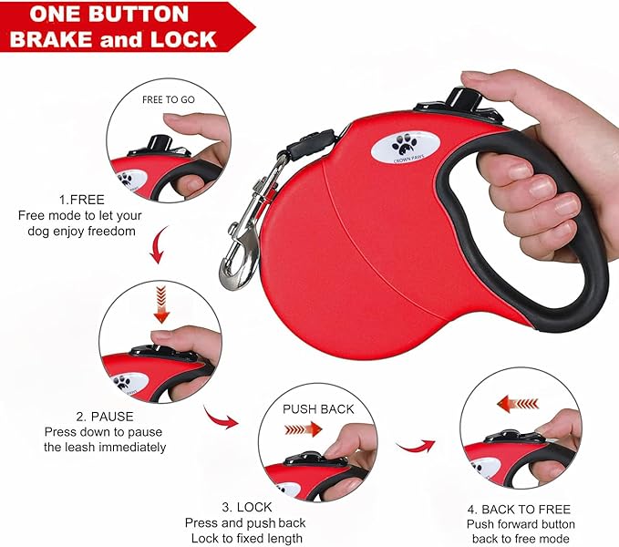 16 ft Retractable Dog Leash for Large Dogs up to 110 lbs,Tangle-Free Nylon Tape,Red Dan L