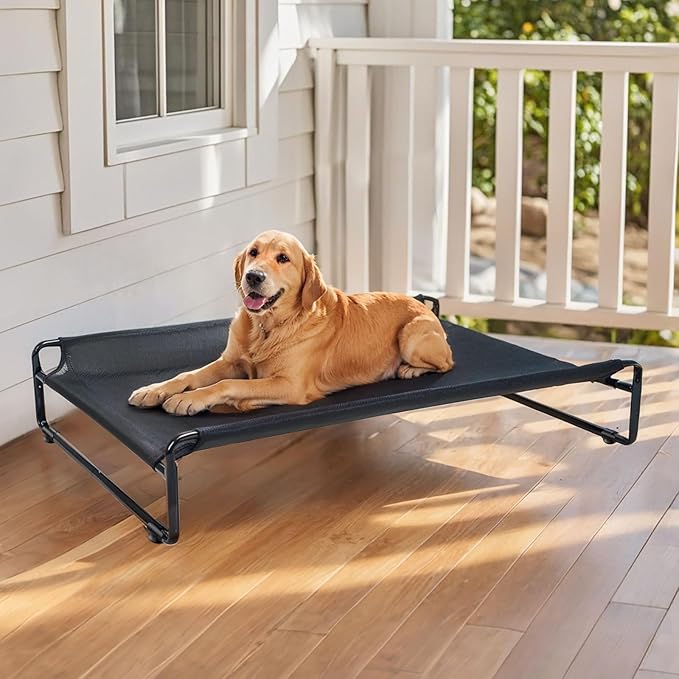 Veehoo Original Outdoor Elevated Dog Bed, Cooling Raised Dog Cot for Large Dogs, Portable Standing Pet Hammock Platform with Washable Breathable Mesh, No-Slip Feet, Large, Black, CWC2201
