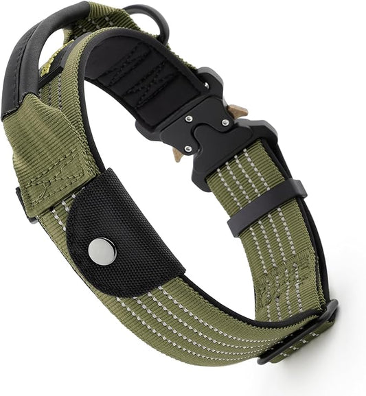 Plutus Pet Tactical Dog Collar with Tracker Packet for AirTag, Adjustable Reflective Nylon Collar, Metal Buckle, Leather-Wrapped Handle, Soft Padded for Medium Large Dogs (Ranger Green, M)