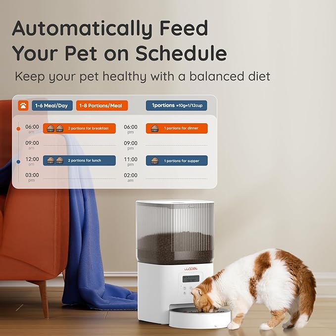 WOPET Automatic Cat Feeder, 4L Automatic Dog Feeder with 180-Day Battery Life, Programmable Cat Food Dispenser with Stainless Steel Bowl,1-6 Meals Per Day (White-01, Regular)