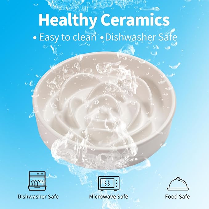 White Ceramic Slow Feeder Dog Bowl for Medium and Large Breeds,1.5 Cup 8.26 in Slow Feeding Bowl,Puzzle Dog Food Bowl for Fast Eater,Maze Dish for Fast Eater
