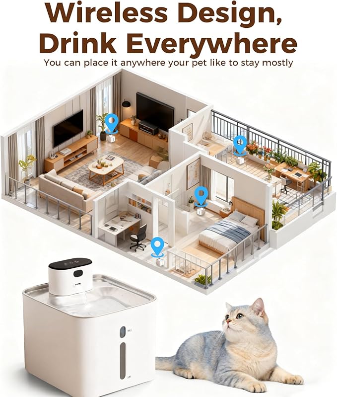 Cat Water Fountain Stainless Steel, 5000mAh Battery Operated Cat Fountain, 142oz/4.2L Wireless Water Fountains Indoor, Sensor and Timer Water Modes, Suitable for Cats and Small Dogs