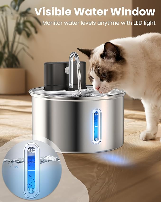 Cat Water Fountain Wireless Stainless Steel with Sensor 3.5L/118oz Battery Operated Rechargeable Automatic Water Dispenser Quiet Pump for Drinking Indoor, Easy Clean for Cats Dogs Pets