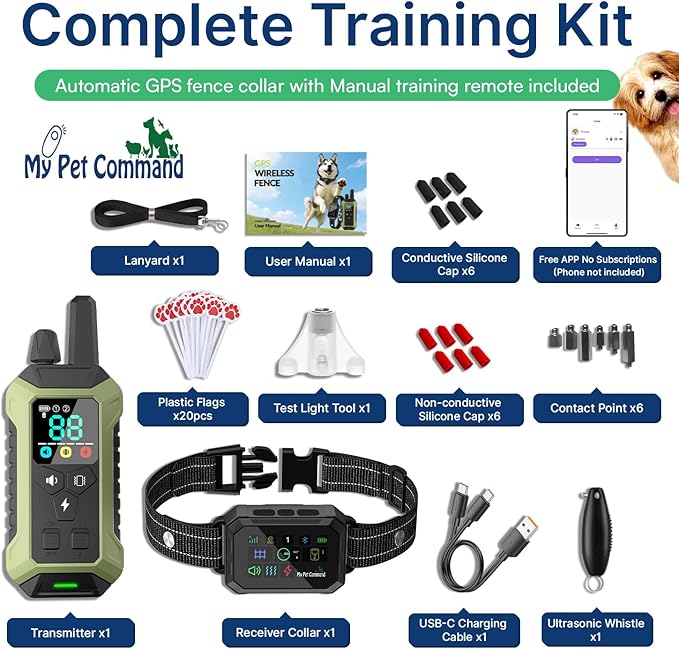 My Pet Command GPS Fence, No Subscription Wireless Dog Fence with APP, 6-Sided or Circular Fences, Tone, Vibration, Correction, Shock, Waterproof Rechargeable Collar