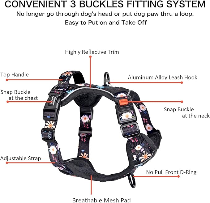Petmolico No Pull Dog Harness Set with Leash Attachment Easy Control Handle Reflective Harness Vest Small Breed, Puppy Vest and Leash Set with Poop Bag Holder, Small - Floral
