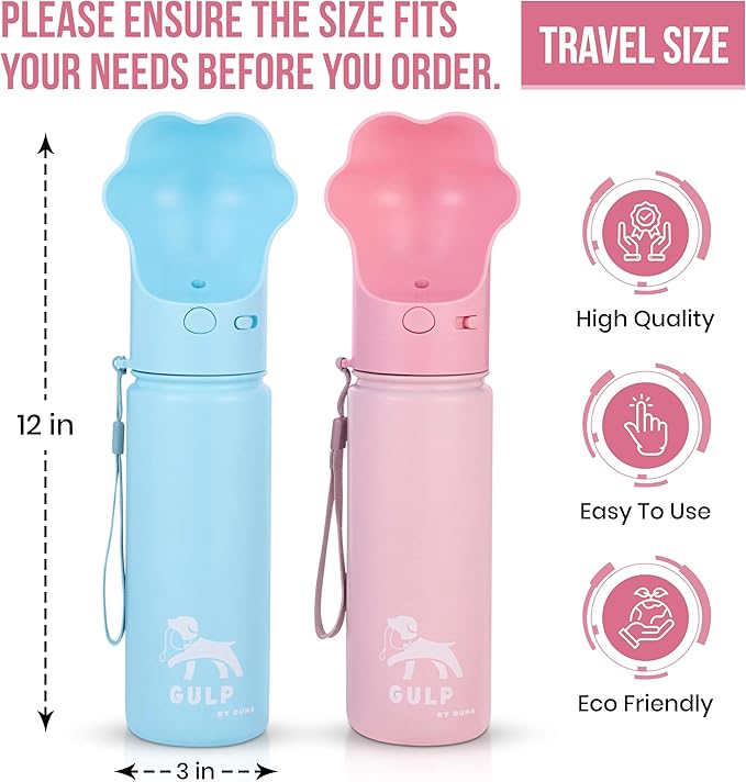 Gulp by Duna 18oz Dog Travel Water Bottle with Paw-Shaped Bowl – Insulated Stainless Steel, Leakproof & Portable with Carry Strap – Outdoor Walking, Hiking & Pet Hydration On-The-Go – Pink