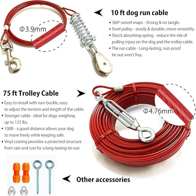 Heavy Duty Aerial Dog Tie Out Trolley System for Small to Large - Dog Run Cable 100ft /75ft Zipline with 10ft Runner Cable Great for Yard Camping Outdoor (Red, 75 ft for one up to 200 lbs)