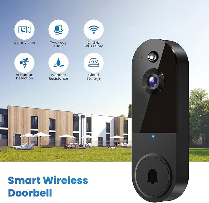 1080P Video Doorbell Camera, Wireless Indoor/Outdoor Surveillance Camera, Cloud Storage, 2.4G WiFi Only, AI Human Detection, Instant Alert, Night Vision, Two Way Audio (Black)