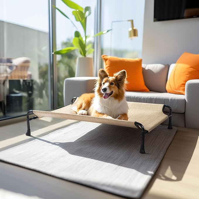 Veehoo Elevated Dog Bed, Raised Dog Cots for Medium Dogs, Waterproof Outdoor Dogs Bed, Cooling Pet Hammock with Guardrail, Upgraded Non-Slip Feet, Breathable Teslin Mesh, Beige Coffee,35x 22 inches