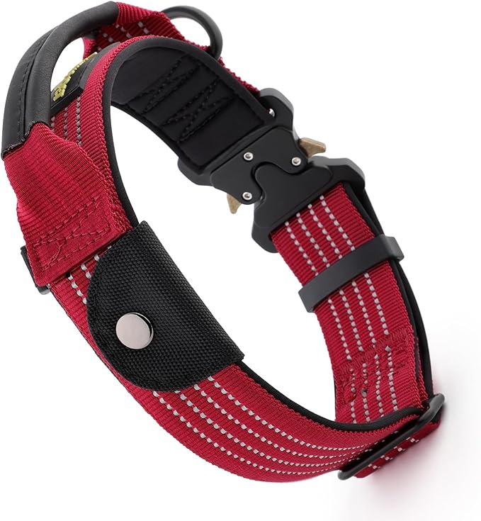 Plutus Pet Tactical Dog Collar with Tracker Packet for AirTag, Adjustable Reflective Nylon Collar, Metal Buckle, Leather-Wrapped Handle, Soft Padded for Medium Large Dogs (Burgundy Red, S)