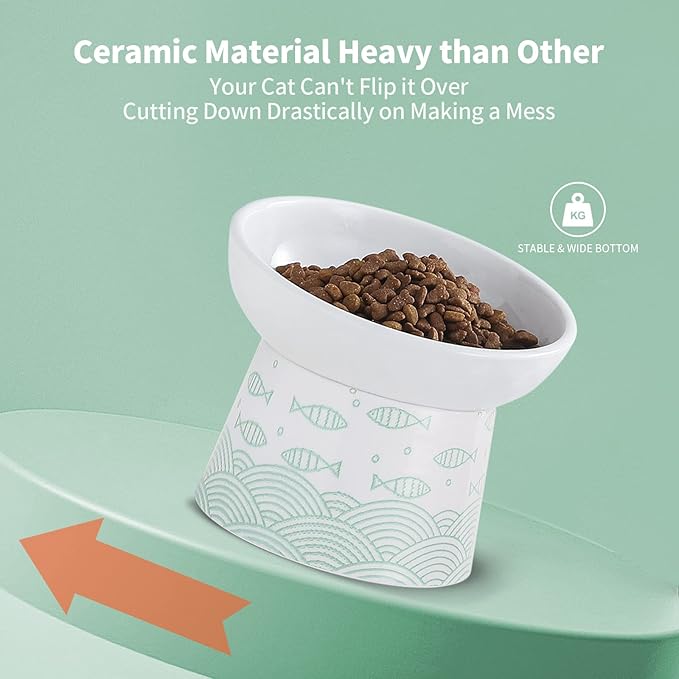 OMAYKEY Ceramic Raised Cat Bowls, Elevated Tilted Cat Food and Water Bowl Set, Porcelain Stress Free Pet Feeder Dish for Cats and Small Dogs, Dishwasher and Microwave Safe, Green, Set of 2