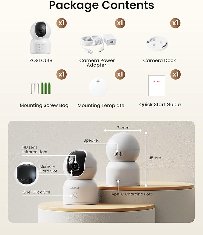 ZOSI 4K Indoor Security Camera, C518 WiFi Pan/Tilt Pet/Dog/Baby Plug-in IP Camera, Auto Tracking, AI Human/Face/Pet Detection, 360° View, Night Vision, 2-Way Audio, 5GHz/2.4GHz WiFi, 64G Memory Card