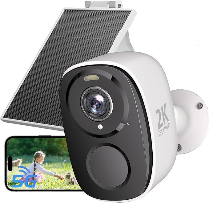 2.4&5ghz WiFi Solar Security Cameras Wireless Outdoor,2K QHD Home Security System, Solar Cameras Kit with 130° Ultra-Wide View, 2-Way Talk, IP65,Color Night Vision, Spotlight & Siren (1, White)